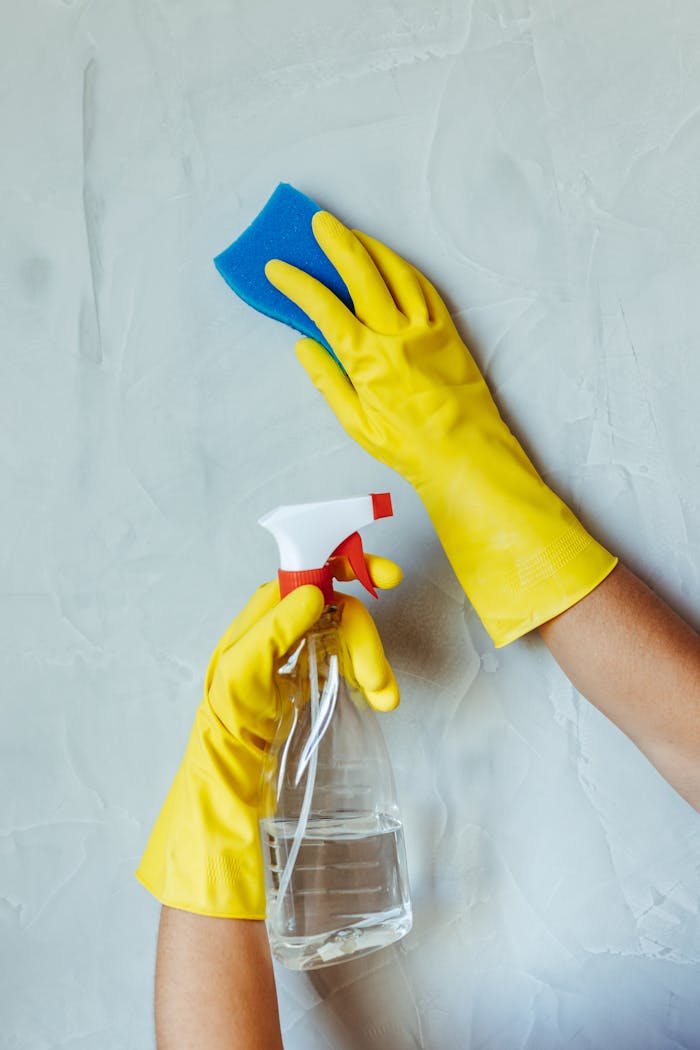 gallery-2 Hands in yellow gloves cleaning wall with sponge and spray bottle.